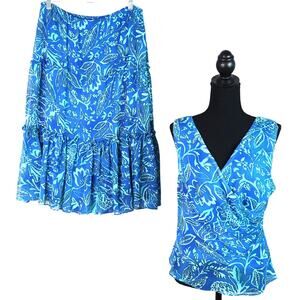 Sheri Martin Vintage 90s Y2K Blue Floral Skirt Set Outfit Tiered 12 Fairycore